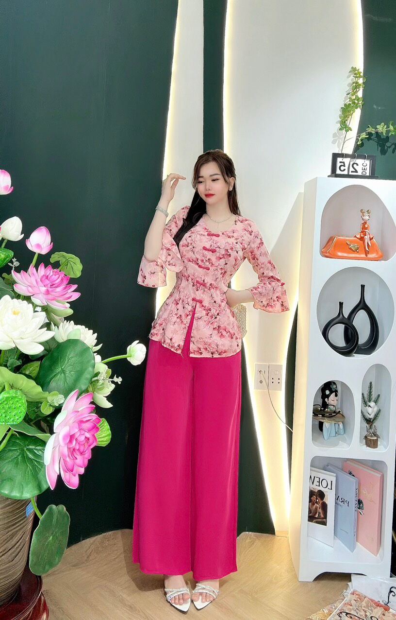 Bộ bà ba cổ tim tay loe chất lụa mango loại 1