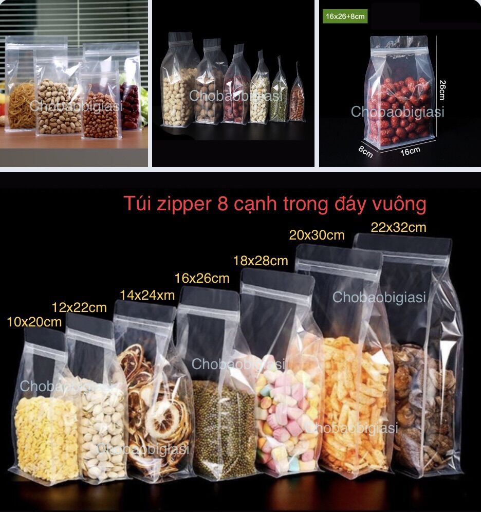 {1kg/size} Túi zipper 8 cạnh trong đáy vuông đựng thực phẩm (sp y hình)