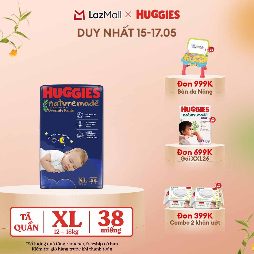 [CHỈ 15-17.05 QUÀ TẶNG ĐƠN 399K](Mua 1 tặng 1) Tã quần Huggies Naturemade ban đêm XL38