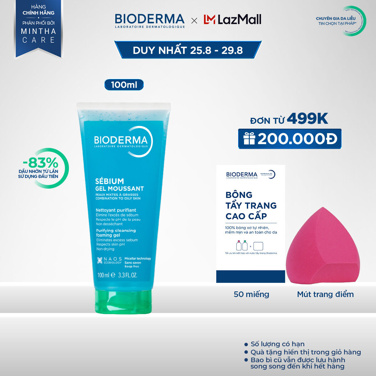 Gel rửa mặt tạo bọt cho da hỗn hợp và da dầu Bioderma Sebium Gel Moussant - 100ml