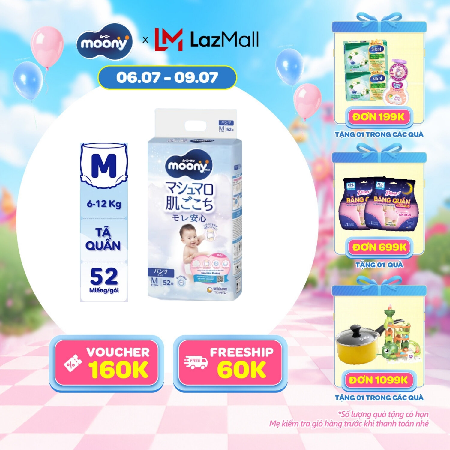 [CHỈ 14/07 tặng QUÀ TO-SLCH] Tã quần cao cấp Moony M52 miếng - Nhập khẩu từ Nhật Bản