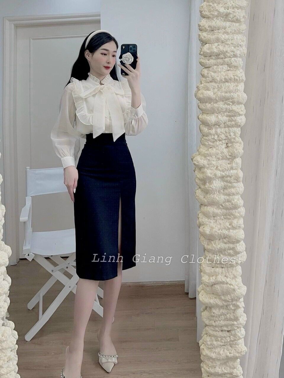 Áo sơ mi nữ cổ bèo cột nơ
