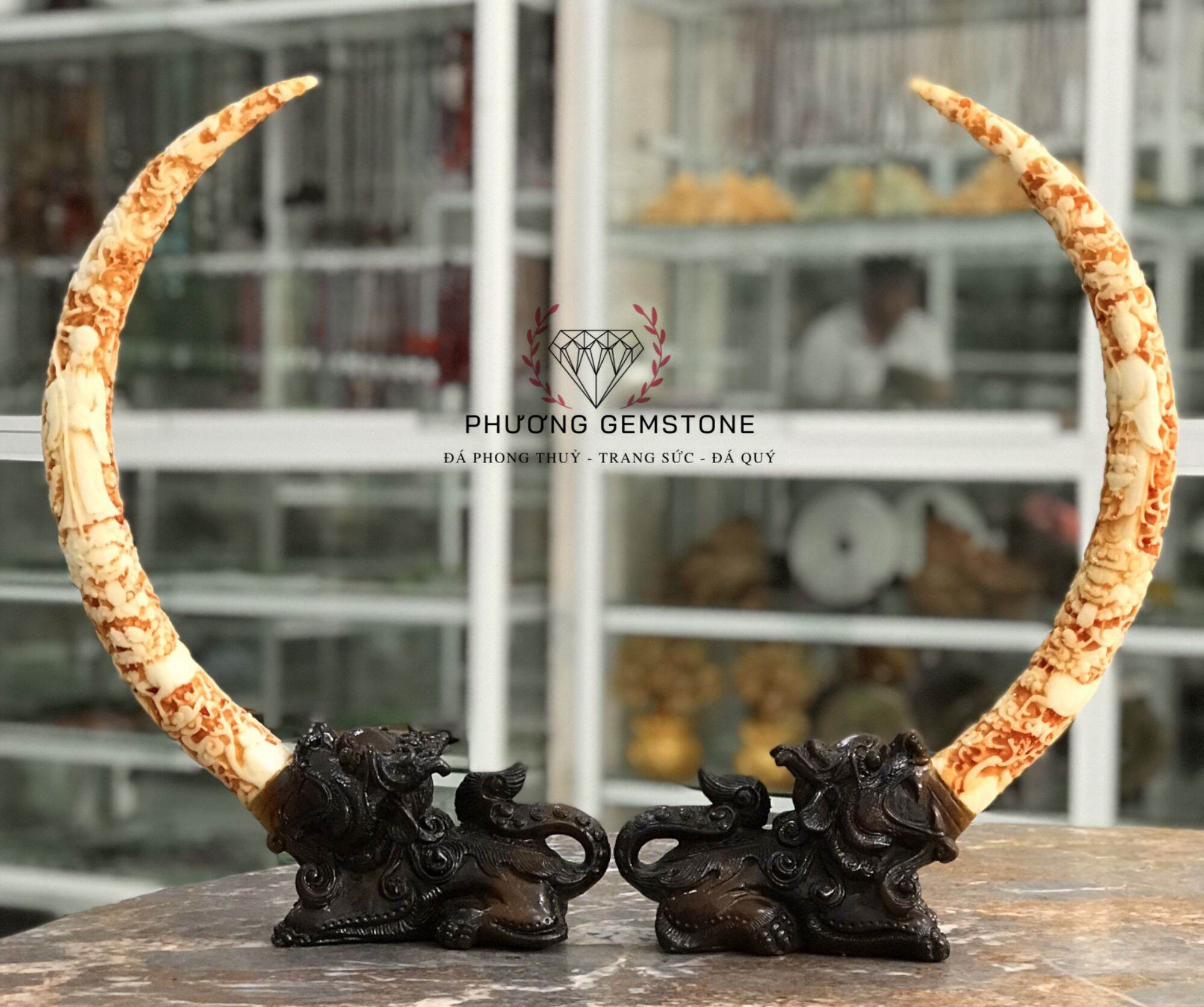 Cặp Kỳ Lân ( Kì Lân ) Ngậm Ngà - Đá Đúc - Cao 43.5cm