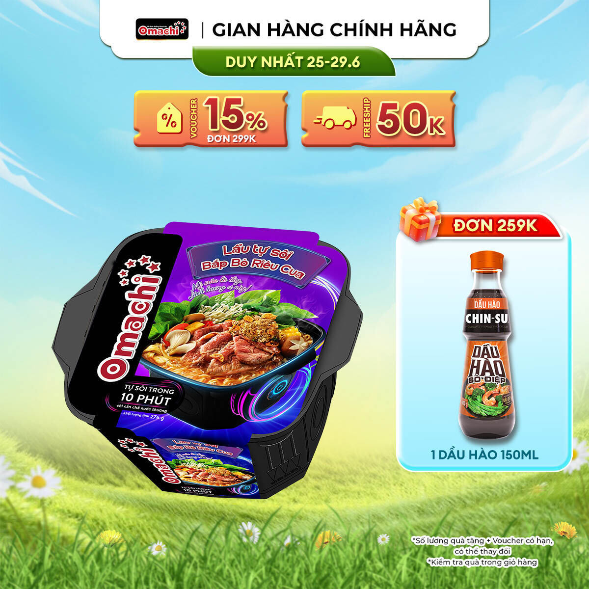 Omachi Lẩu Tự Sôi Bắp Bò Riêu Cua 276g (Mẫu Bao Bì Giao Ngẫu Nhiên)