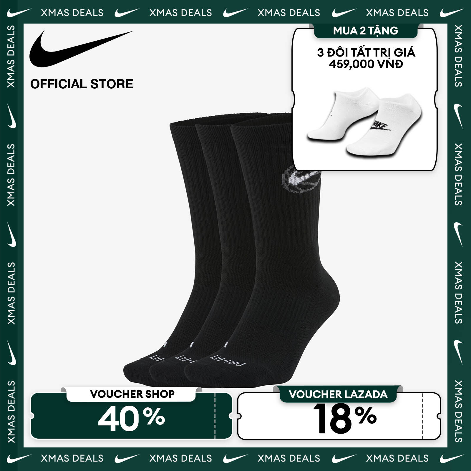   VOUCHER 40% + MUA 2 TẶNG VỚ  Tất cổ cao Nike Everyday Crew Basketball Socks  3 Pairs  - Black 