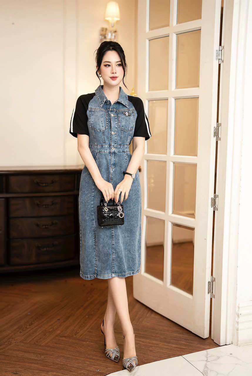 ( HÀNG QUẢNG CHÂU CAO CẤP ) VÁY ĐẦM SƠ MI JEAN - PHỐI THUN CÁCH ĐIỆU ( CC5050524)