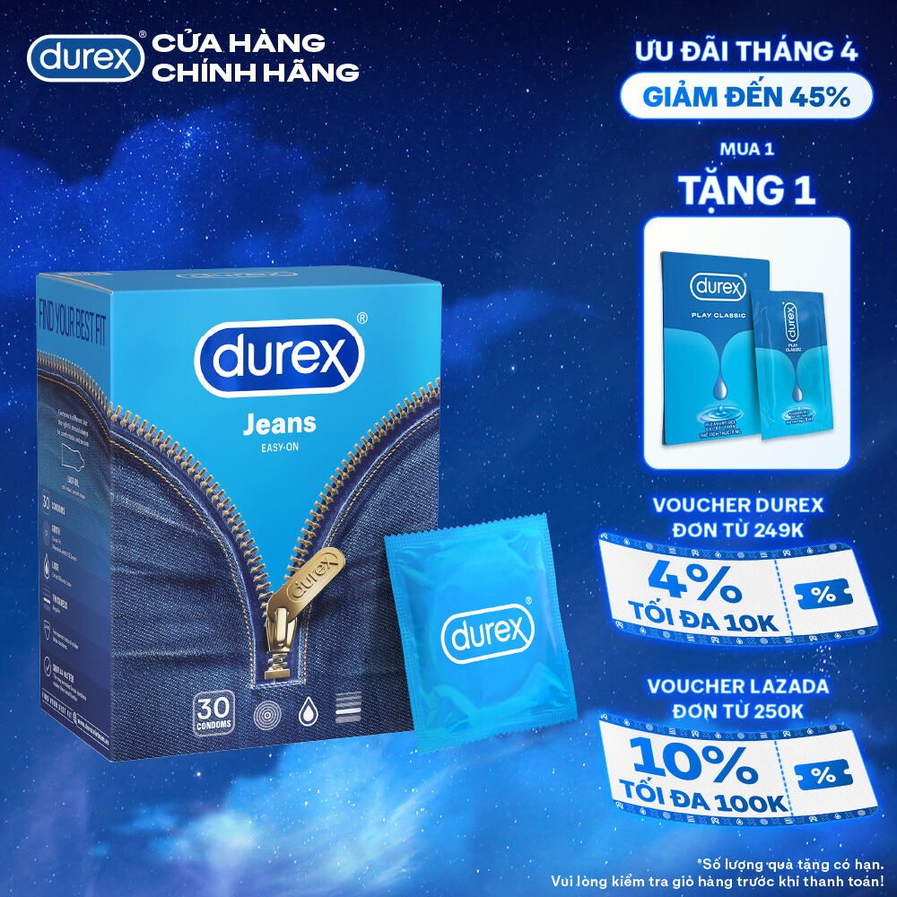 [ĐỘC QUYỀN] Bao cao su Durex Jeans cơ bản, bôi trơn, size 52.5mm, hộp 30 bao