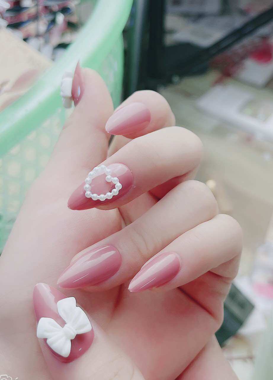 Bộ 24 móng tay giả đính đá móng giả cô dâu màu Hồng đẹp kèm keo và dũa móng