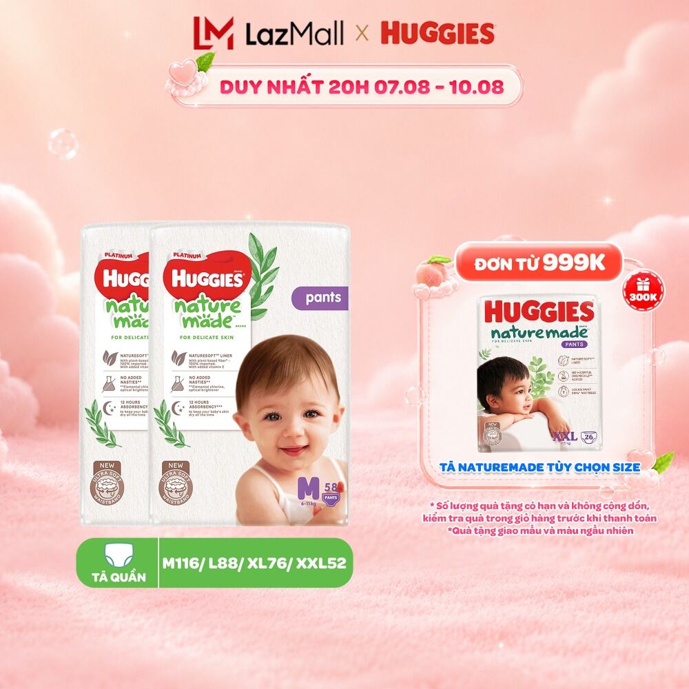 Combo 2 Tã/Bỉm quần Huggies NatureMade Platinum M58/ L44/XL38/XXL26/XXXL28