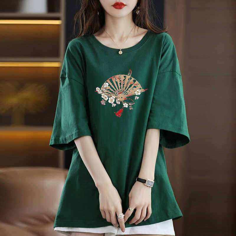 Áo Thun Nữ Tay Ngắn Phong Cách Trung Quốc, Áo Thun in Họa Tiết Mùa Hè, Cổ Tròn, Dài Vừa Phải, Thường Ngày, Tay Ngắn, Trung Tính
