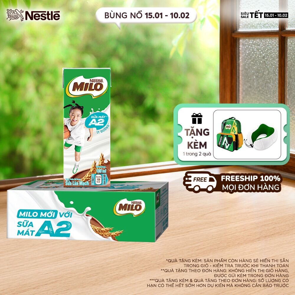 [ƯU ĐÃI THÁNG 2] [Giao hàng toàn quốc] Thùng Sữa Lúa Mạch Nestle MILO A2 MỚI 48 hộp (4x180ml)