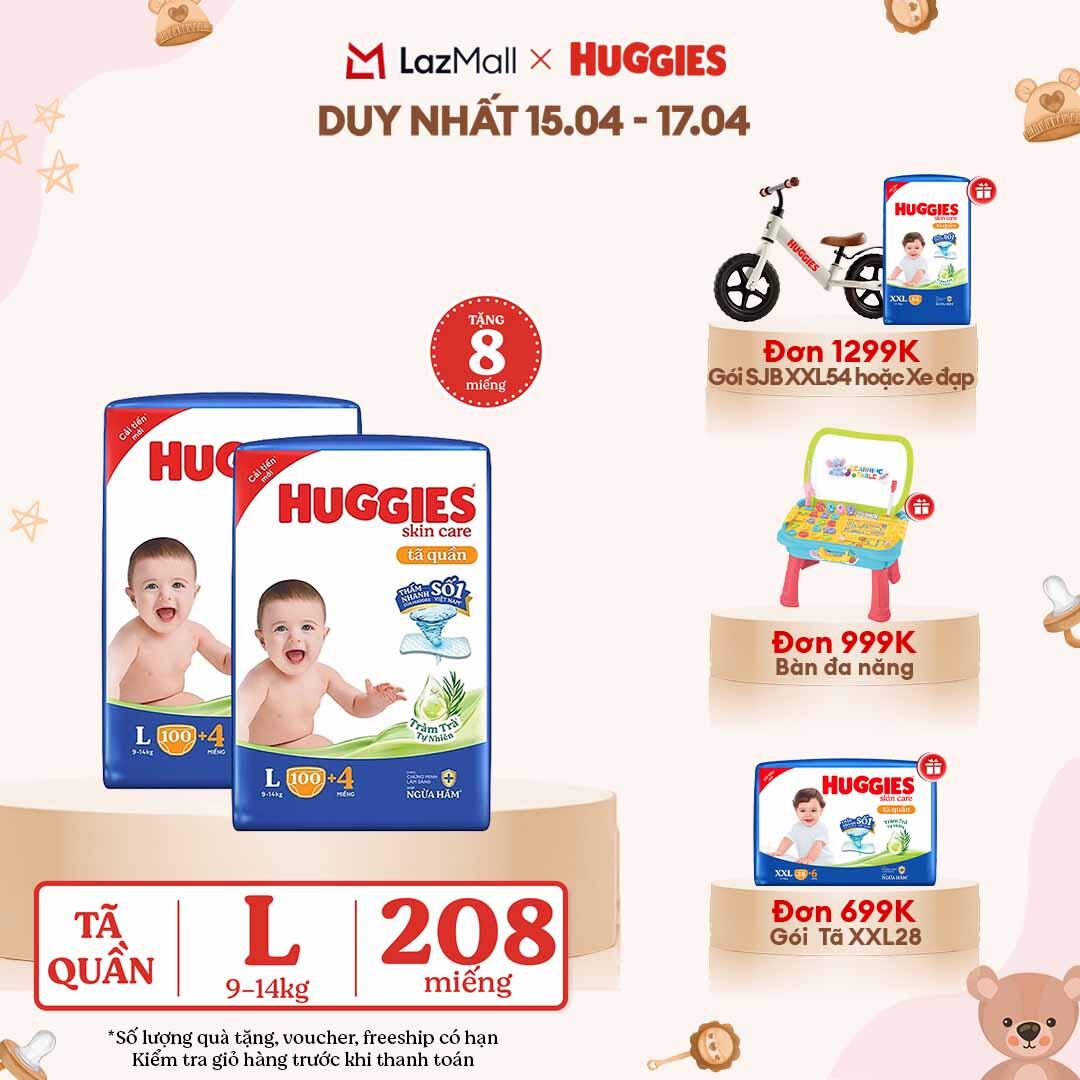 [CHỈ 18-24.04 GIẢM THÊM 90K]  Combo 2 Gói Tã/bỉm quần HUGGIES SKINCARE MEGA JUMBO size L100+4 miếng