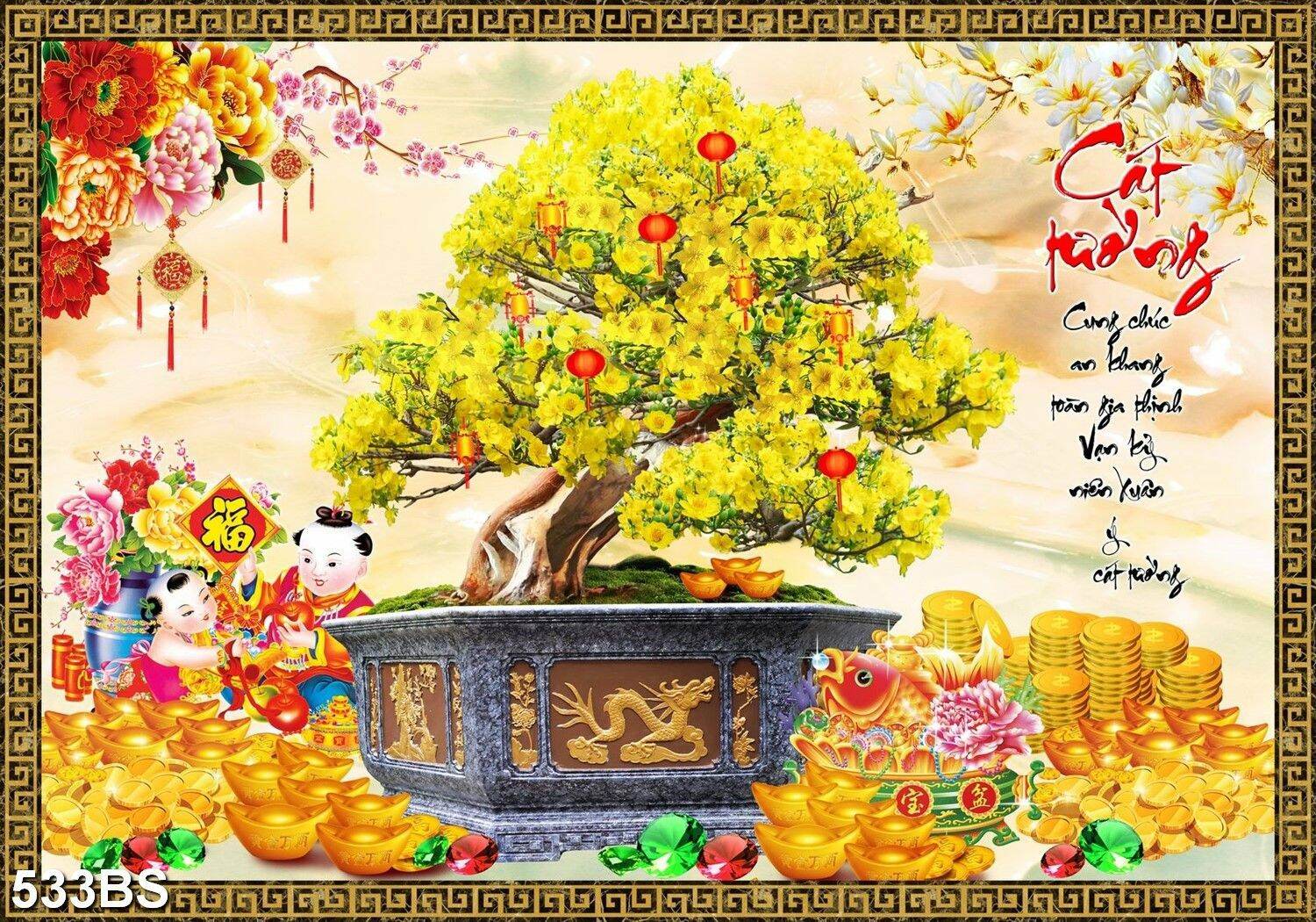 Tranh dán tường 3d chậu bonsai cây mai cát tường 533bs - tranh chậu hoa chưng tết