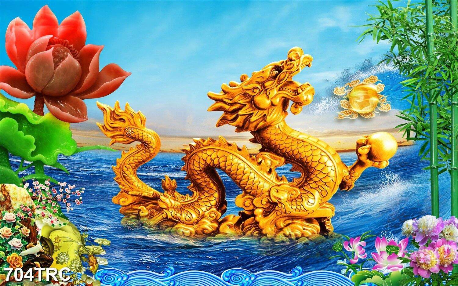 TRANH DÁN TƯỜNG 3D CON RỒNG 704TRC - TRANH KIM LONG VỜN CHÂU DÁN TƯỜNG
