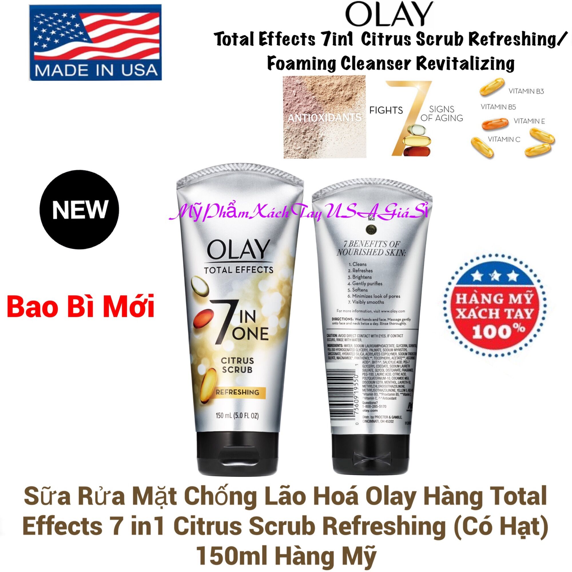  Sữa rửa mặt chống lão hoá Total Effects 7in1 Olay Total Effects 7 in 1 Refreshing Citrus Scrub 150ml Hàng USA 