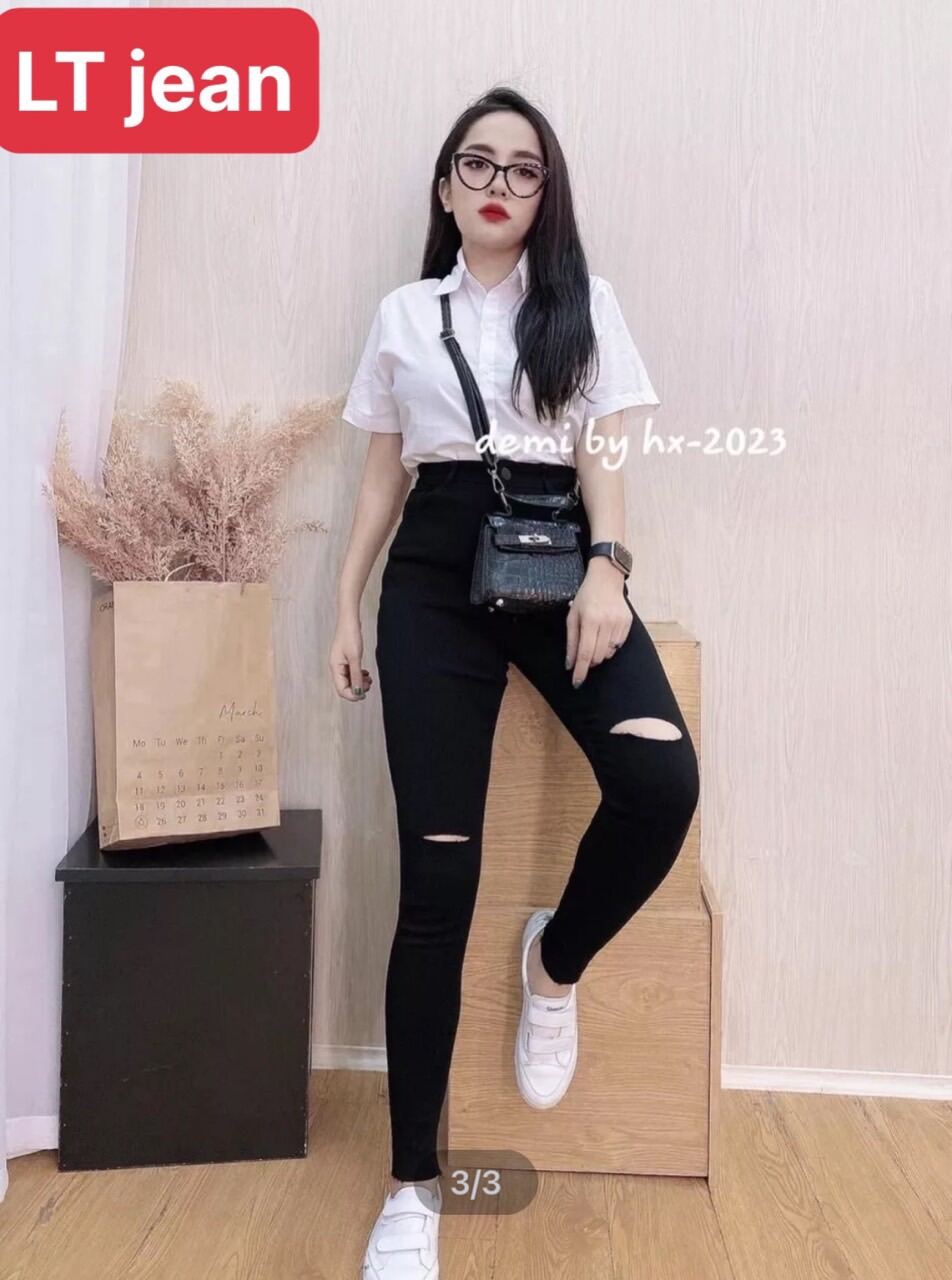 Quần jean nữ đen co size đại·· rách gối 2 bên chất bò co dãn fom nâng mông tôn dáng