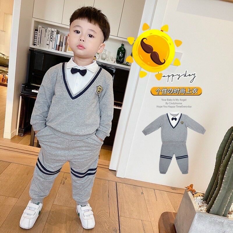 Bộ nỉ cho bé giả gile cổ tim đính nơ Công tử Hàn Quốc Đồ bộ thu đông dài tay bé trai 1 2 3 4 5 6 tuổi