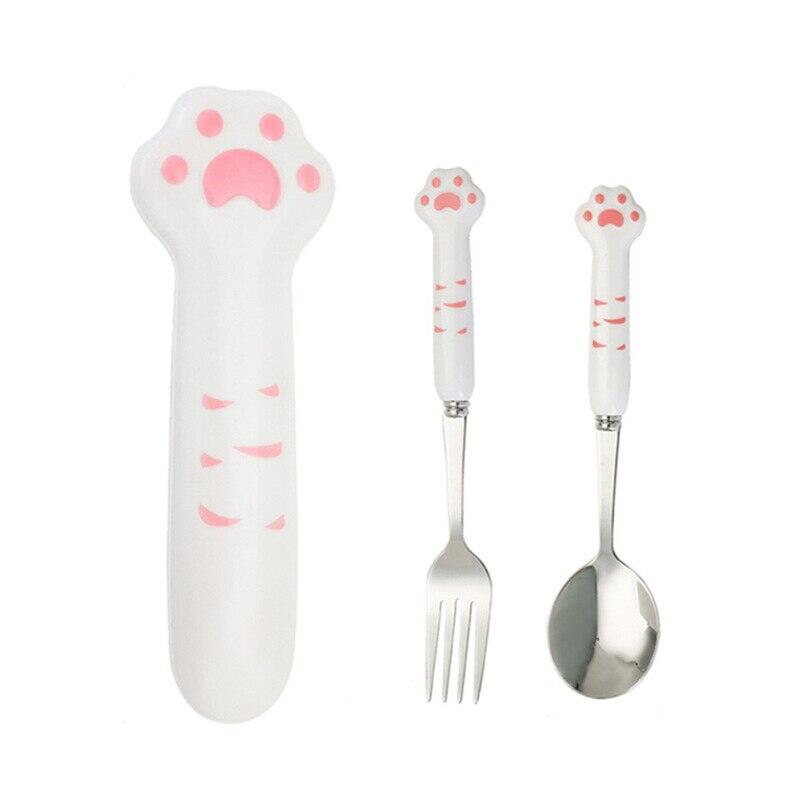 Thép không gỉ muỗng và nĩa set với hộp lưu trữ bộ đồ ăn di động dễ thương mèo chân hình bộ đồ ăn cho người lớn trẻ em trường
