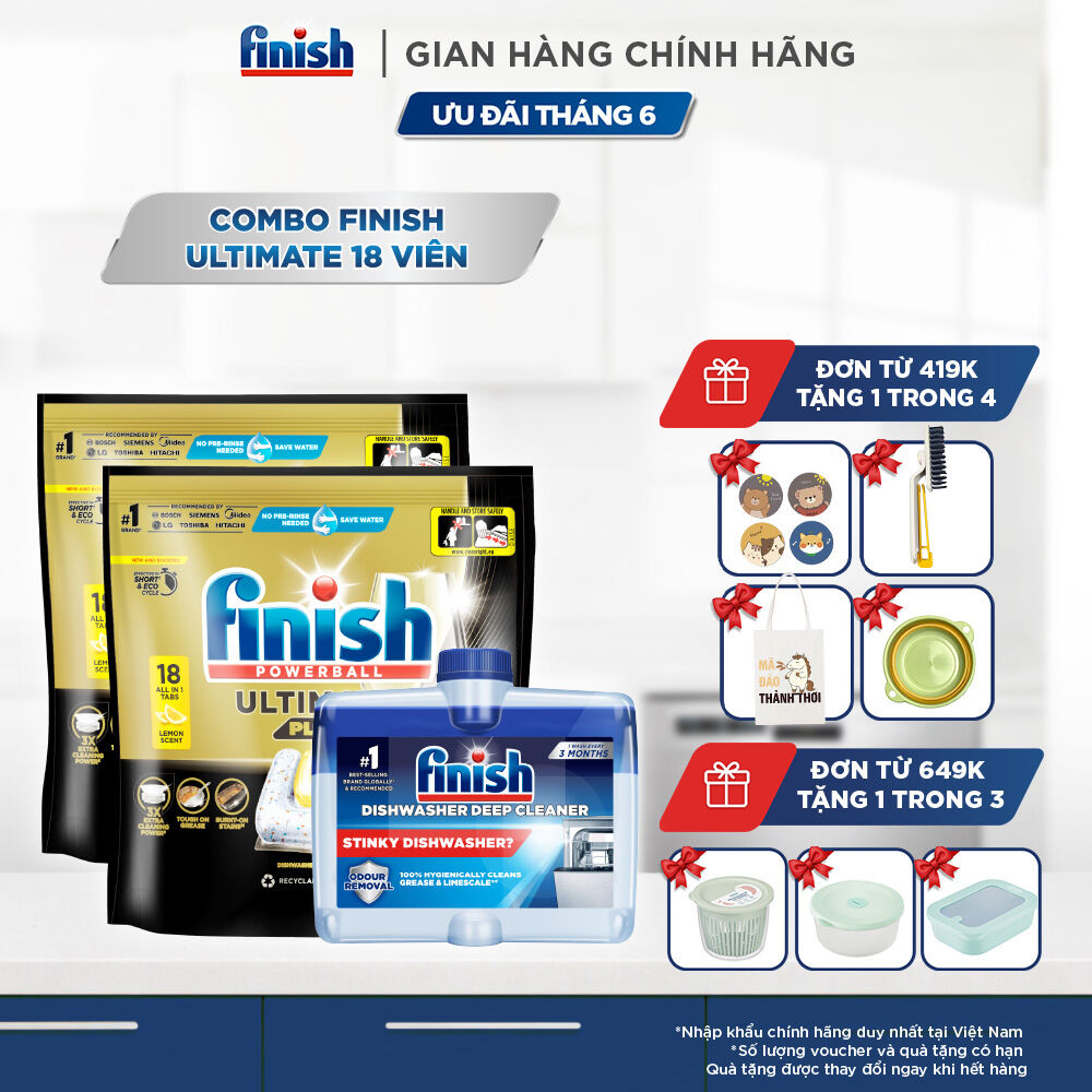 Combo 2 Túi Rửa Chén Bát Finish Powerball Ultimate Plus Intensive Lemon Sparkle 18 Viên + Dung Dịch Vệ Sinh Máy Finish 250ml