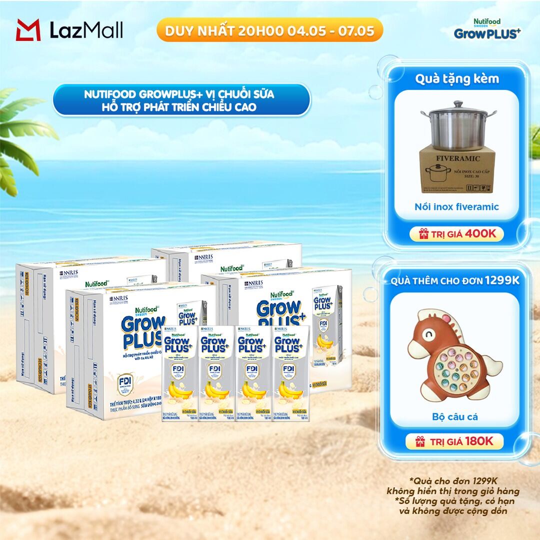 Combo 4 Thùng 24 hộp Sữa bột pha sẵn Nutifood GrowPLUS+ Vị Chuối Sữa hộp 180ml - Hỗ trợ phát triển chiều cao