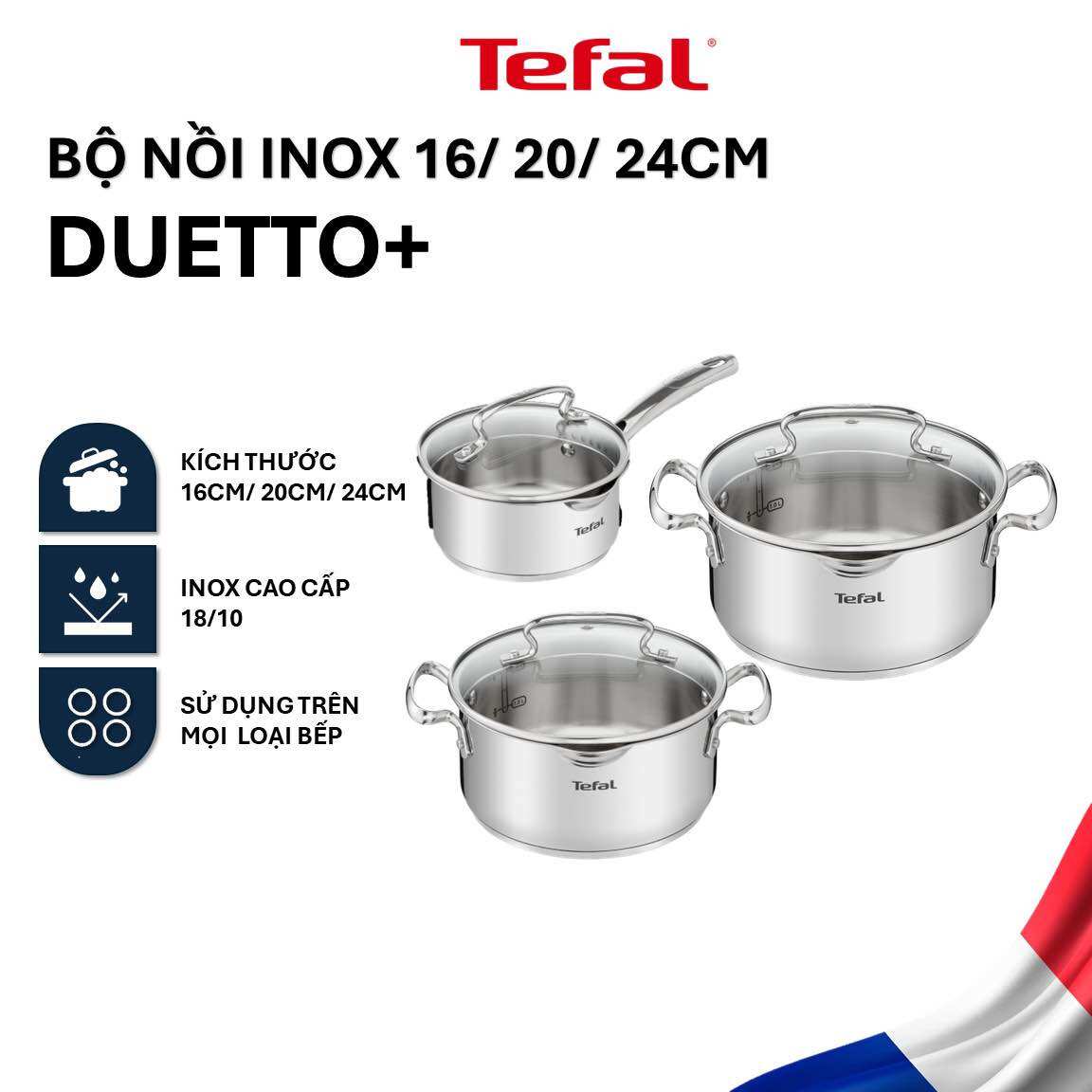 Bộ 3 nồi inox cao cấp Tefal Duetto Plus
