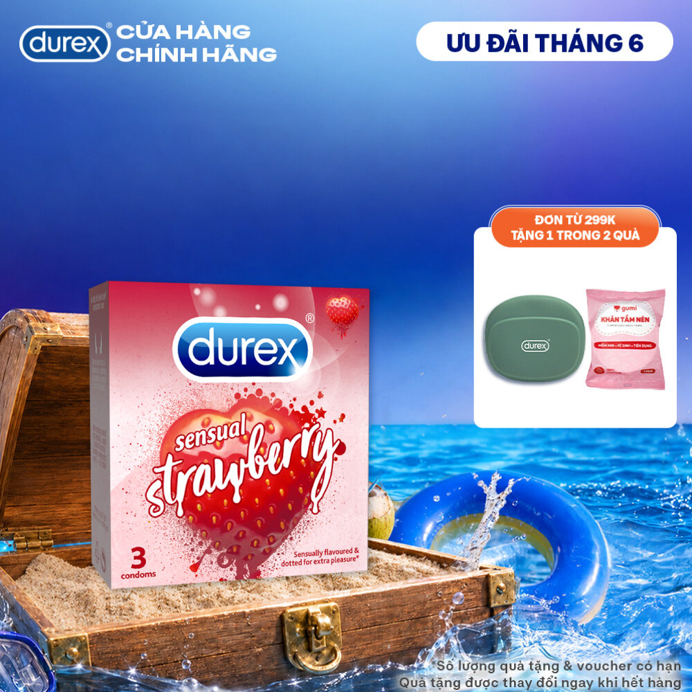 Bao cao su Durex Sensual Strawberry hương dâu (size 52mm, hộp 3 bao)