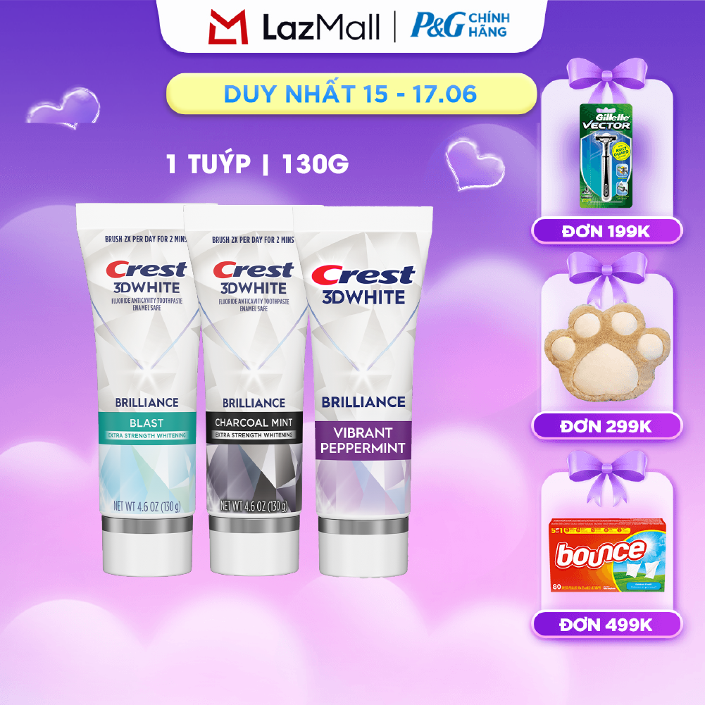 Kem đánh răng Crest 3D White Brilliance Trắng Sáng Vượt Trội hương Blast/ Charcoal Mint/ Peppermint Tuýp 130g/ 260g - Mỹ