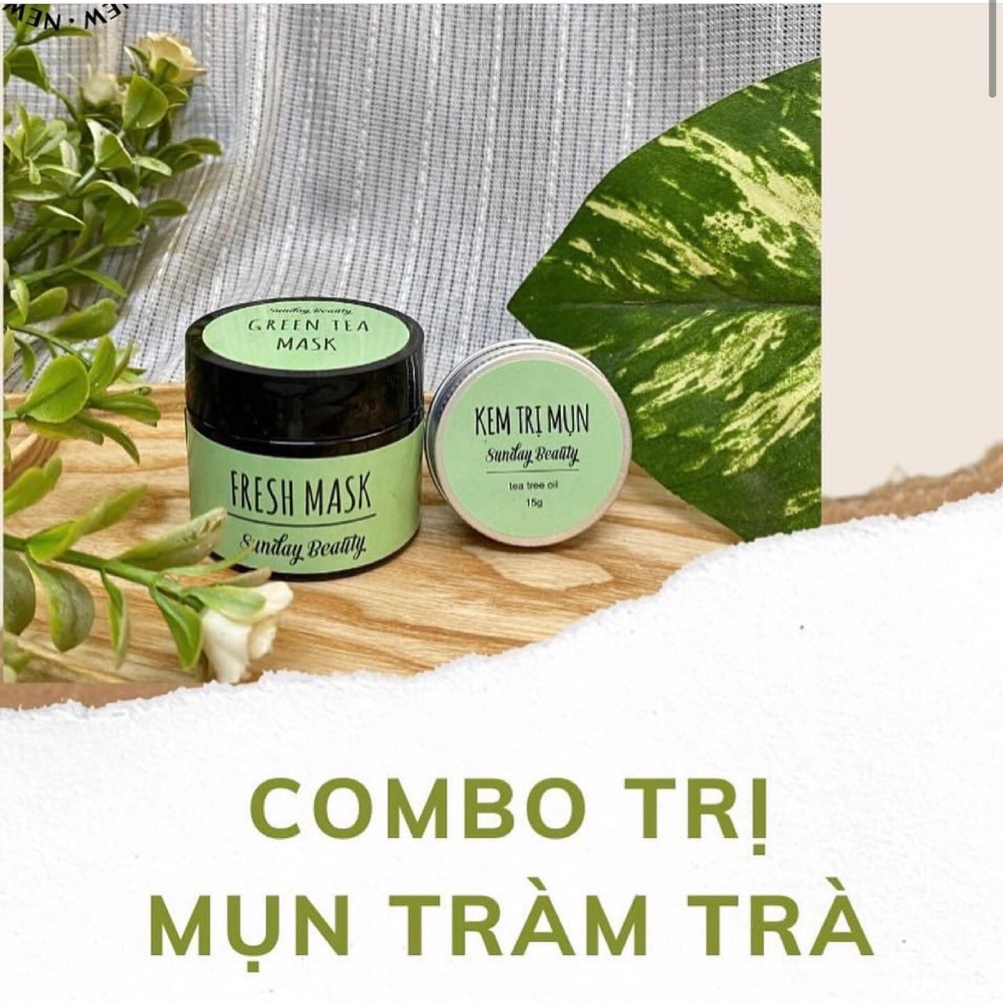 Combo mặt nạ trà xanh, kem mụn By SundayBeauty