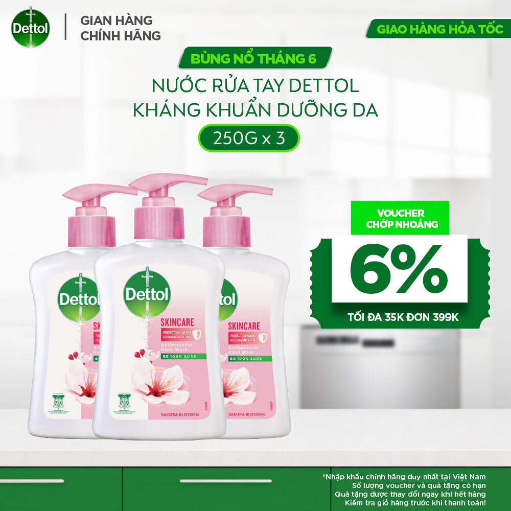 Combo 3 nước rửa tay Dettol kháng khuẩn dưỡng da, hương hoa anh đào - Chai 250g