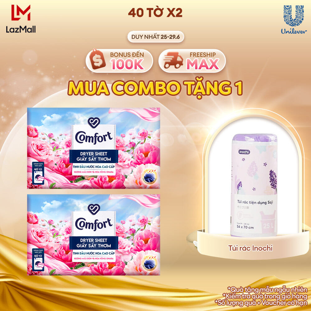Combo 2 Hộp Giấy Thơm Comfort Hương Mẫu Đơn Và Hoa Hồng Ohara 40 tờ/hộp, Dành Cho Máy Sấy Quần Áo, Tủ Quần Áo