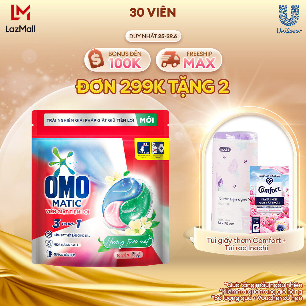 Túi viên giặt tiện lợi OMO 3 trong 1 Hương tươi mát (30 viên/túi)