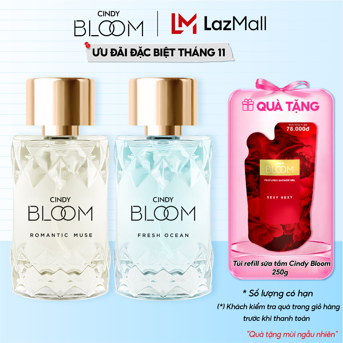 Combo 2 Nước Hoa Nữ Cindy Bloom Fresh Ocean Hương Năng Động Trẻ Trung + Romantic Muse Hương Quyến Rũ