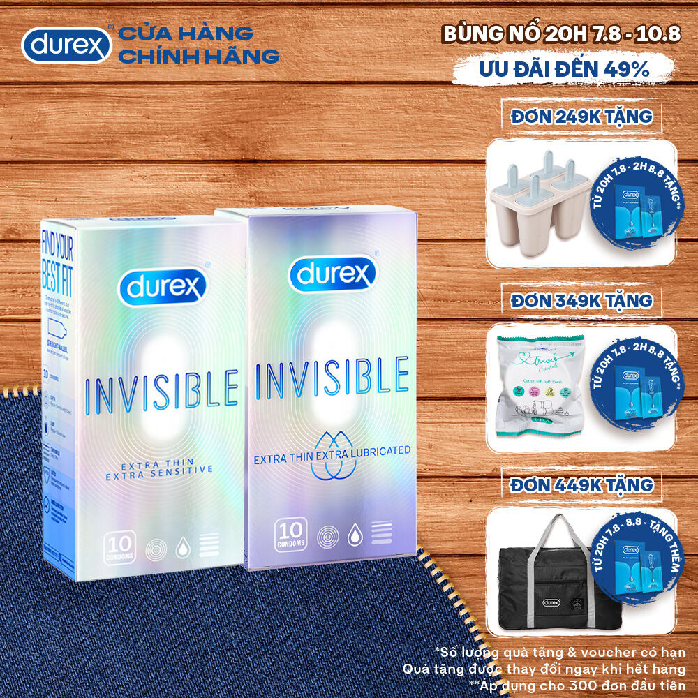  [20H 7-10.8 - Voucher đến 35K] BỘ 1 HỘP BAO CAO SU siêu mỏng thêm bôi trơn DUREX INVISIBLE LUBRICATED và 1 HỘP DUREX INVISIBLE EXTRA THIN EXTRA SENSITIVE (52 mm, 10 bao/hộp)