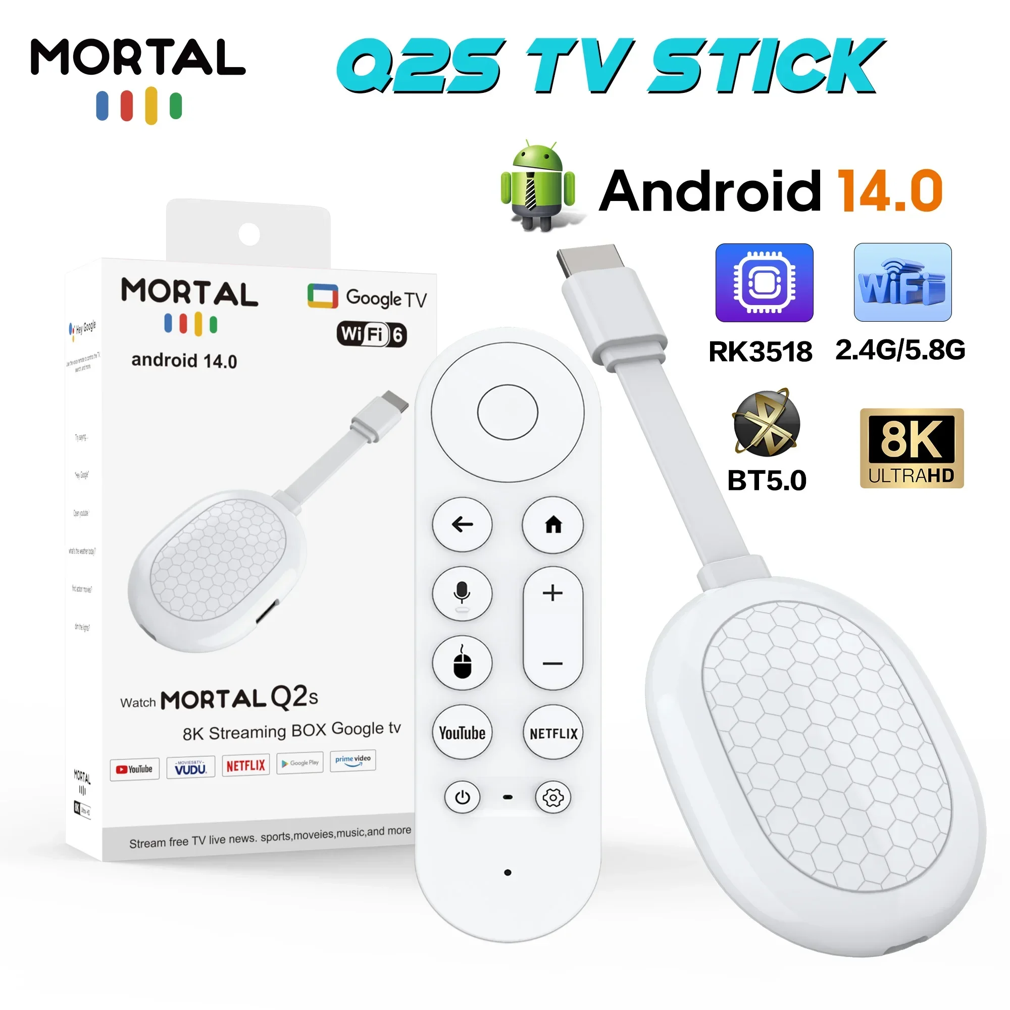 Thiết Bị Phát Đa Phương Tiện Android TV Stick Q2S Mini Home Dongle RK3518 Ultra HD 8K, Chip Xử Lý 4 Nhân, Wi-Fi 6, Bluetooth 5.0, Kèm Điều Khiển Từ Xa