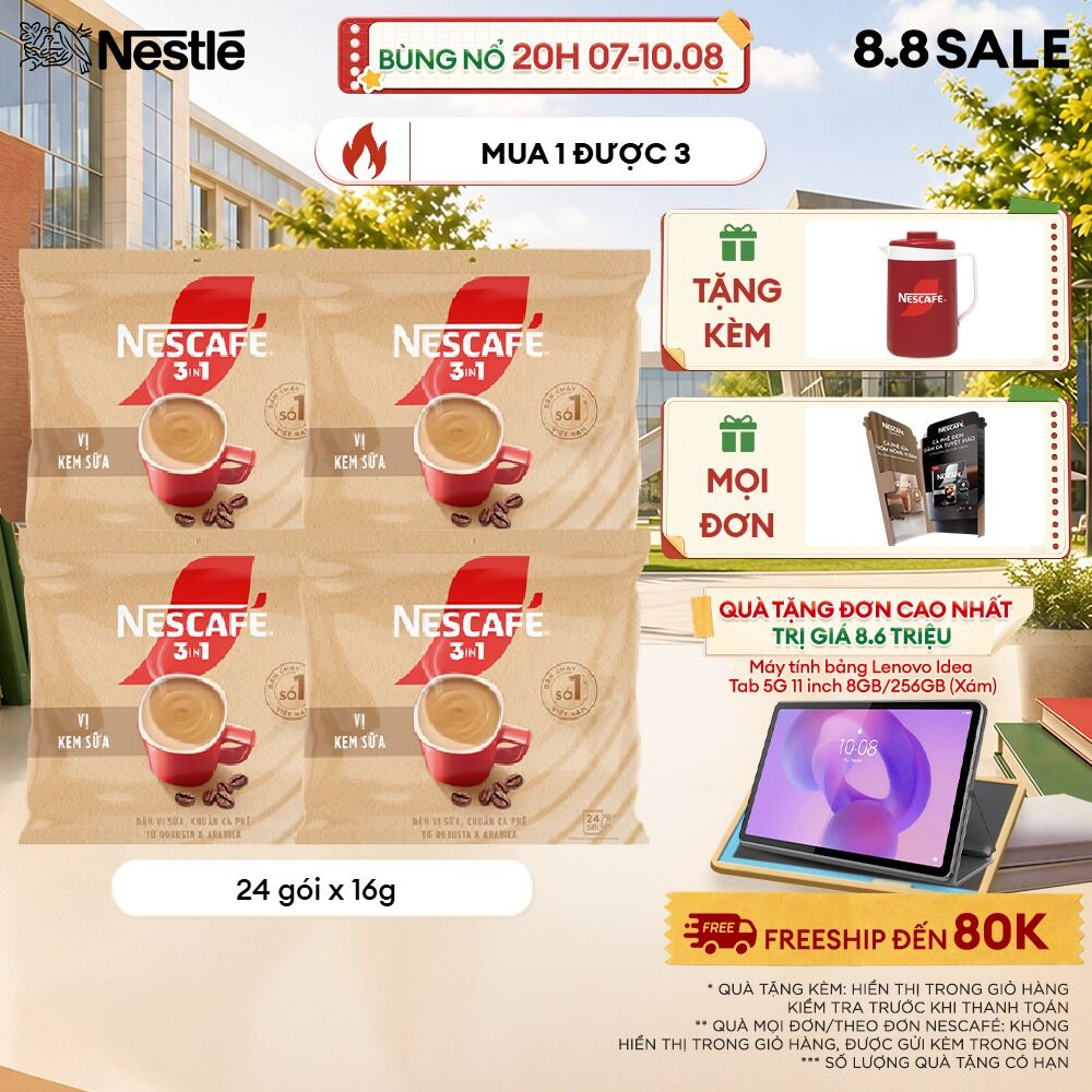 [KHUYẾN MẠI TẶNG BÌNH NHỰA 750ML] Combo 4 Bịch Cà phê hòa tan NESCAFÉ 3IN1 VỊ KEM SỮA Bịch 24 gói ĐẬM VỊ SỮA, CHUẨN CÀ PHÊ