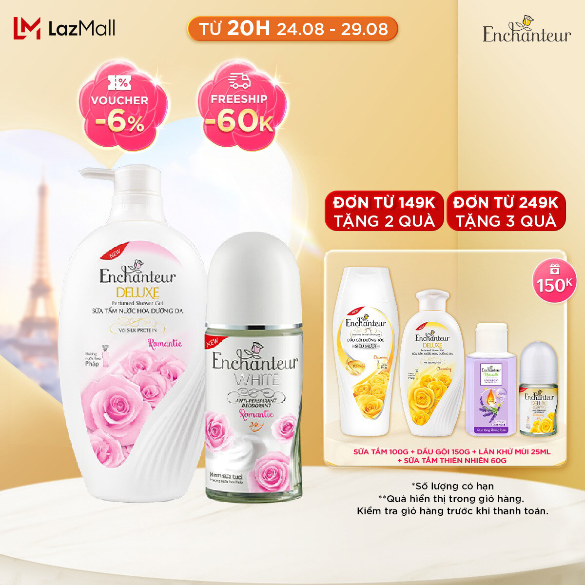 Combo Enchanteur Sữa Tắm Nước Hoa Dưỡng Da Romantic 650G và Lăn khử mùi trắng da Enchanteur Romantic 50ml
