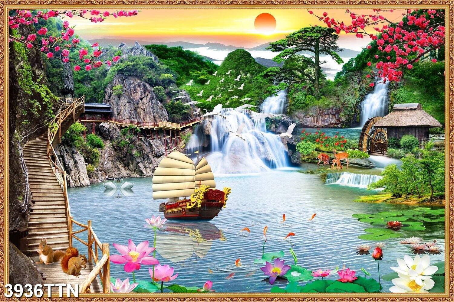 Tranh dán tường 3d thuận buồm xuôi gió 3936ttn - tranh sơn thủy hữu tình thác nước - tranh thiên nga dán phòng khách