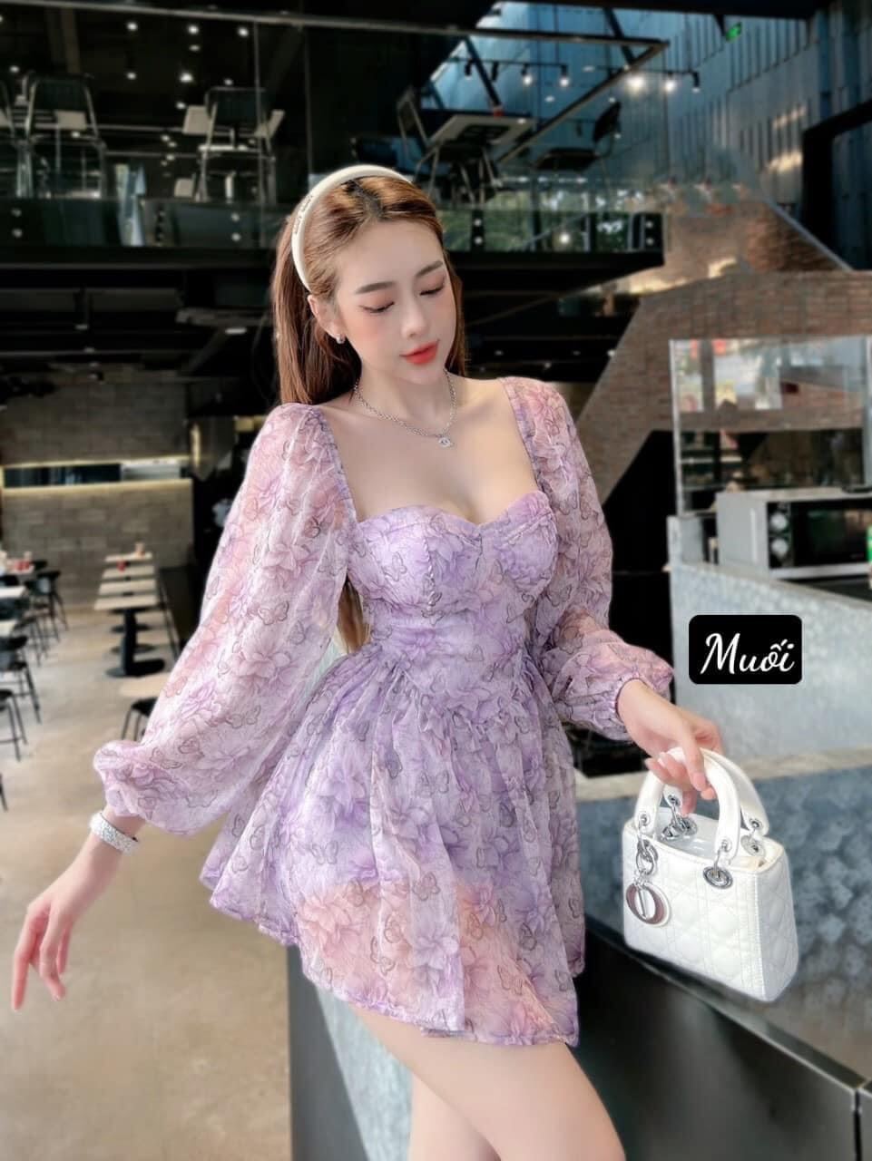 Đầm voan hoa tay dài