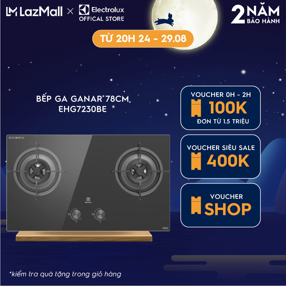Bếp ga Ganar Electrolux EHG7230BE 2 mâm chia lửa 78cm - Đầu đốt công suất cao, an toàn, Mặt kính cường lực dễ dàng lau chùi và vệ sinh