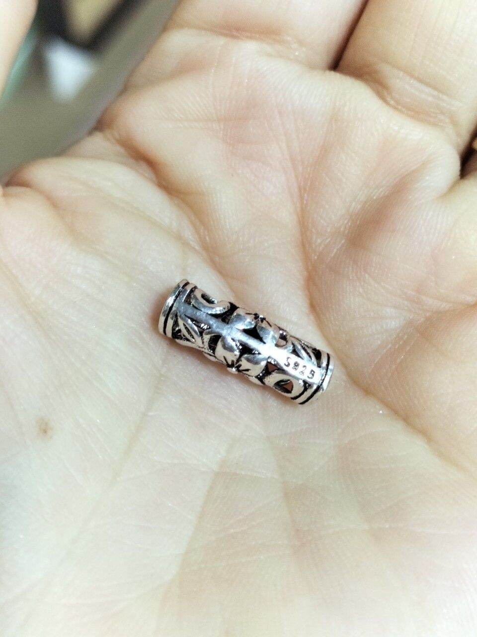 Charm ống chạm khắc hoa văn xưa bạc S925 vĩnh viễn bảo hành