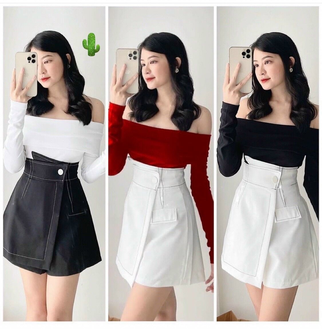 Set 2 món áo bẹt vai phối chân váy xinh lung linh