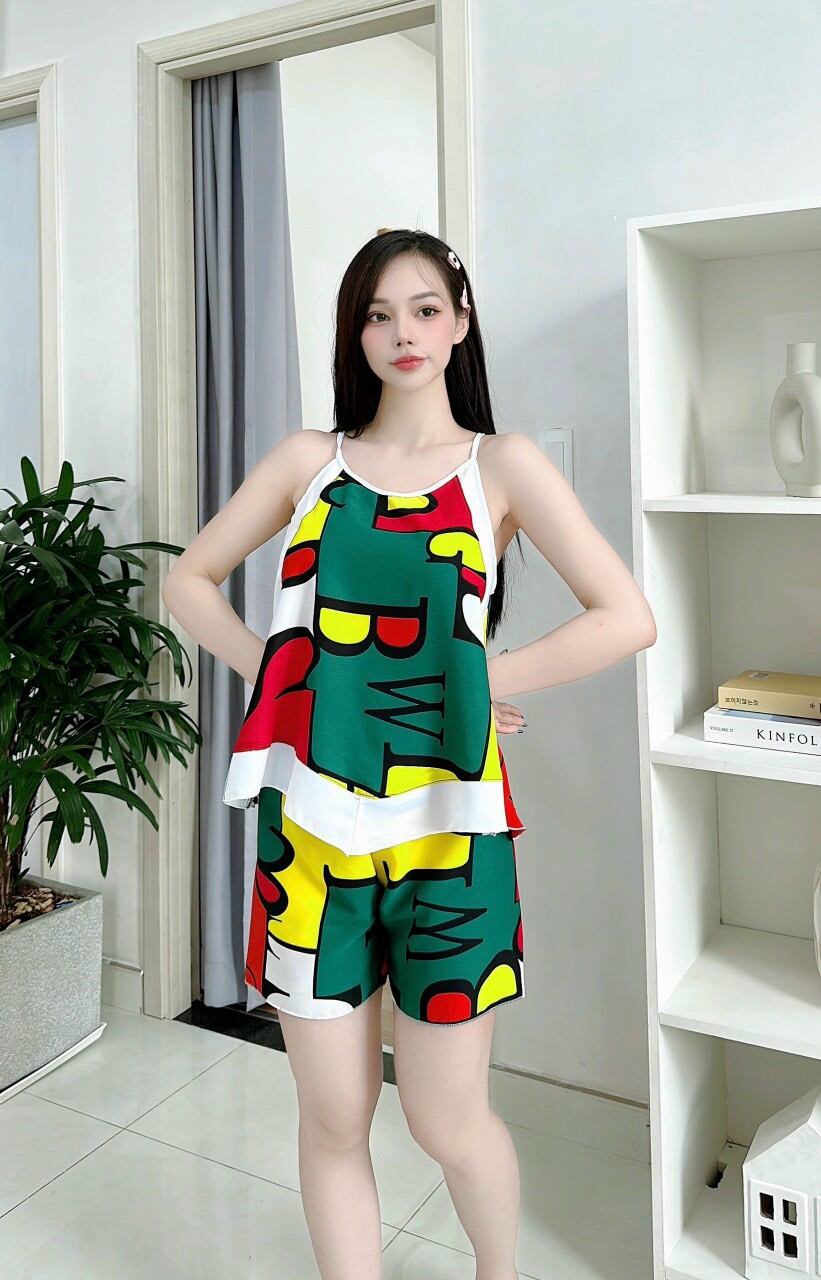 Set bộ nữ mặc ở nhà dây tầng dễ thương vải lụa - 90