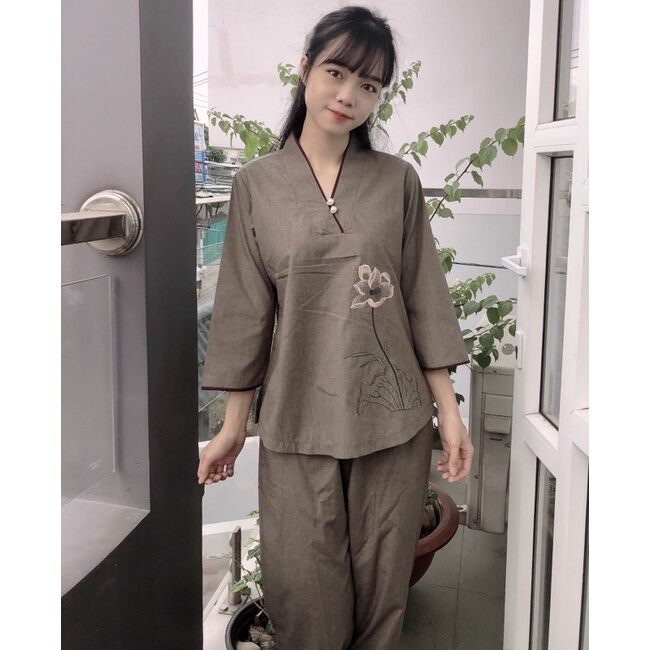 ĐỒ LAM ĐI CHÙA MẪU NỮ 1 NÚT THÊU SEN