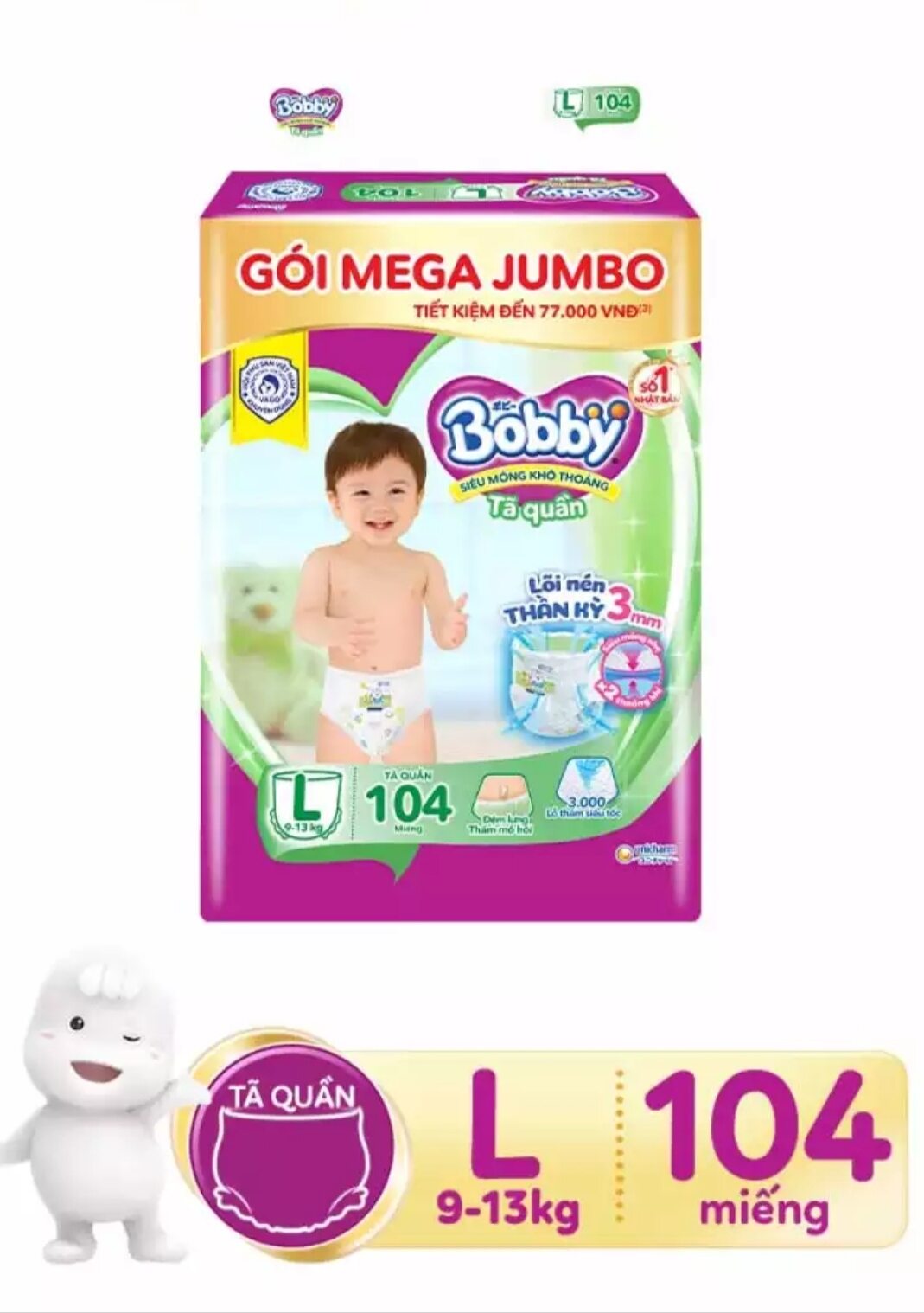 Tã bỉm quần Bobby L 104 miếng mẫu mới. Date 2026