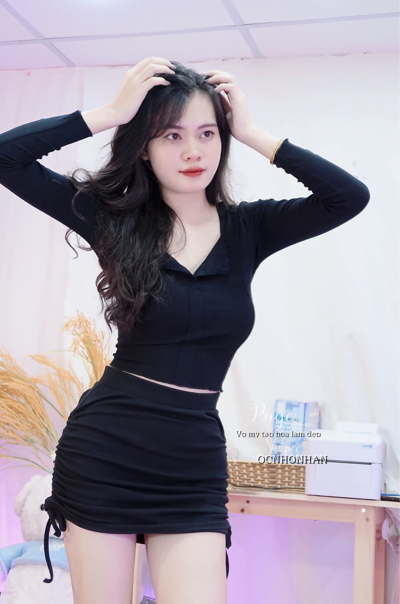 Set áo tay dài nút phối chân váy rút dây