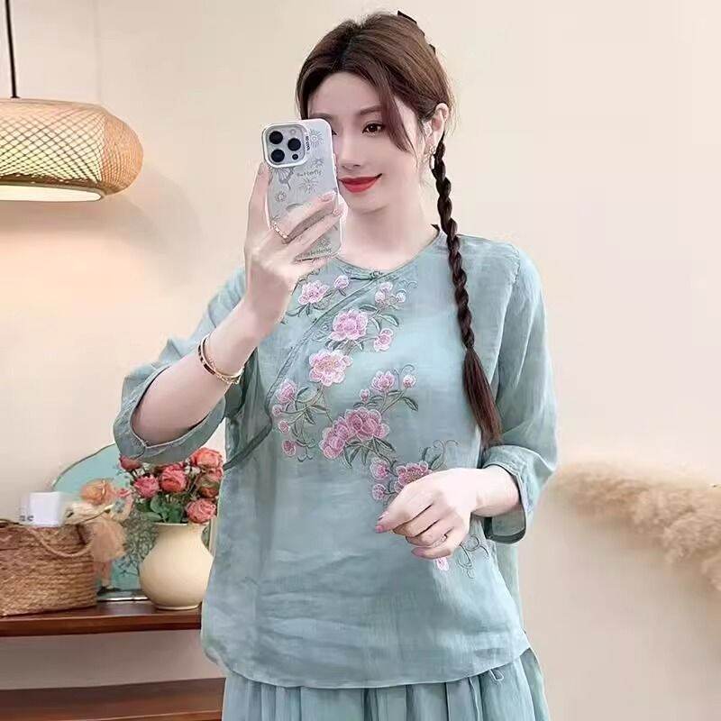 Lieoyuarn | Áo Sơ Mi Dài Tay 3/4 Phong Cách Cổ Điển Trung Quốc Cotton Lanh Mỏng Mát