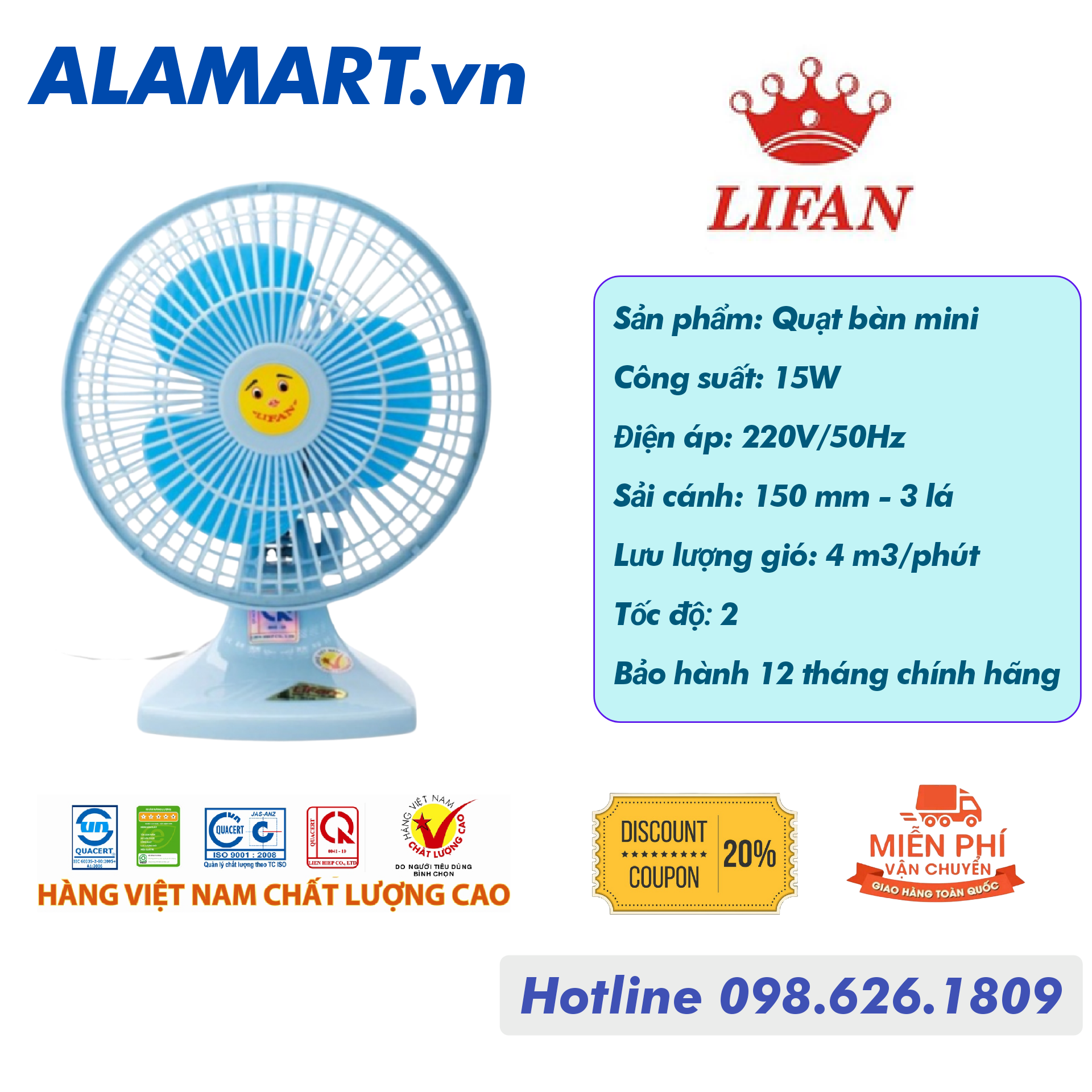 Quạt bàn mini lifan b-106 sử dụng để bàn làm việc mát êm dịu