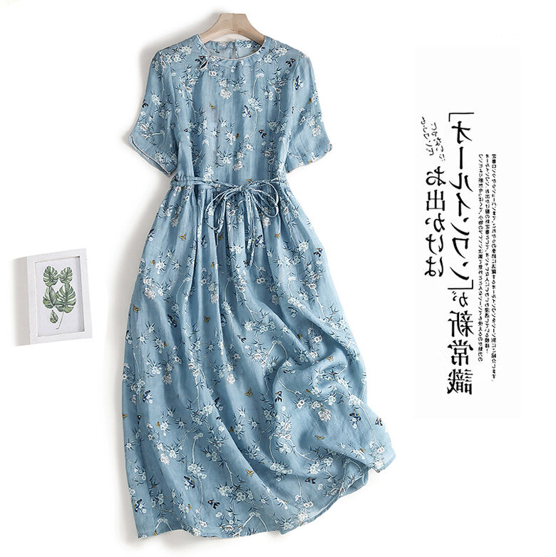 Vải Lanh Cotton Váy In Hoa Cho Nữ Eo Rộng Chiều Dài Giữa Giảm Béo Chống Lão Hóa Quần Áo Công Sở Có Túi Và Dây Giày Chi Tiết