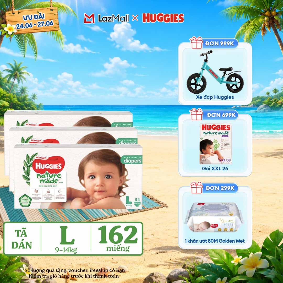 [Chỉ 25-29.06 QUÀ TẶNG ĐƠN 399K](Mua 1 tặng 1) Combo 3 Tã/Bỉm dán HUGGIES PLATINUM NatureMade L54 (9-14kg)-Gói Jumbo 54 miếng