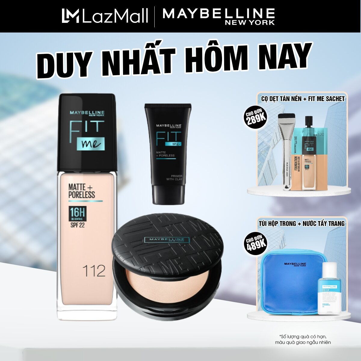 Bộ trang điểm nền và phấn phủ fit me mịn nhẹ kiềm dầu chống nắng kèm kem lót fit me 5ml maybelline new york